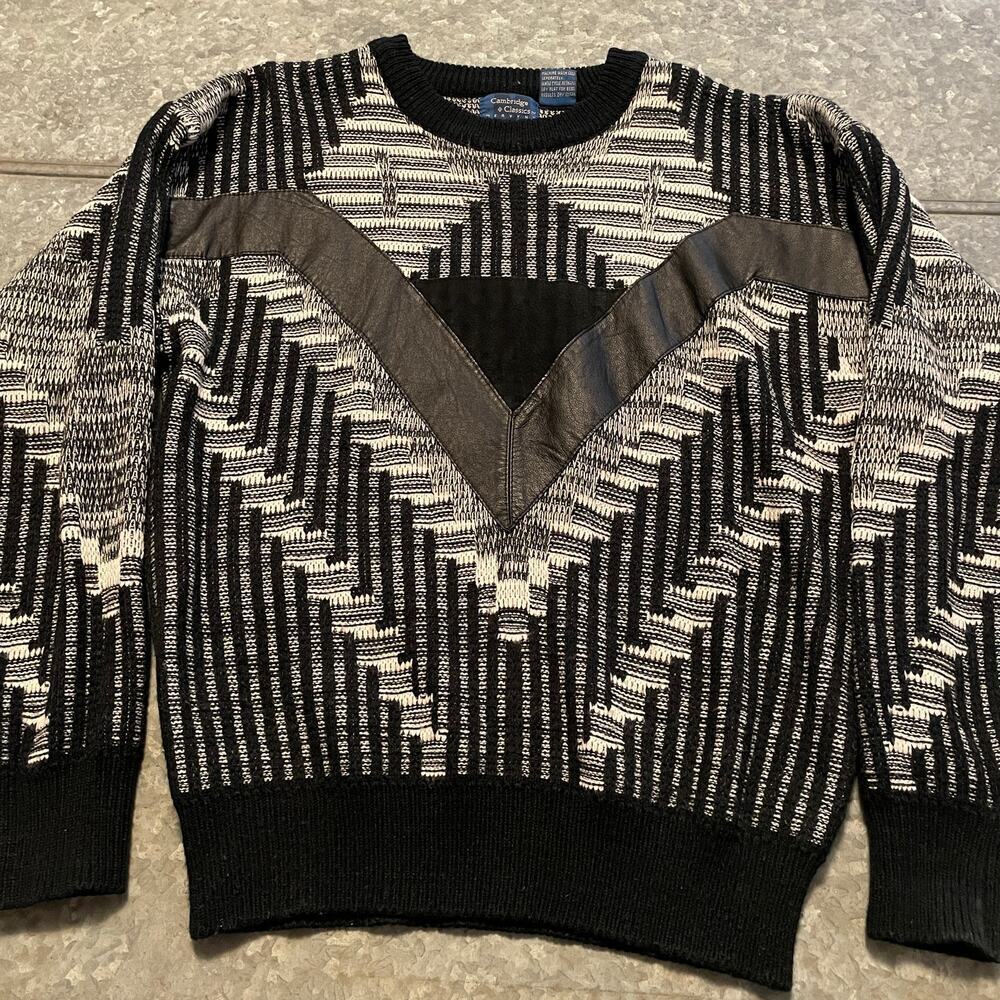 Vintage Grandpa Dad Knit Leather Sweater Large Cambridge Classics Coogi Style